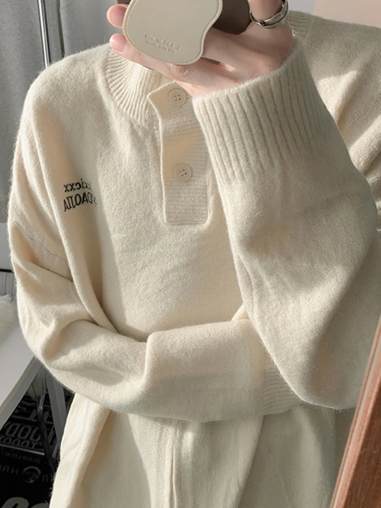 

Khaki Soft Letter Embroidery Henry Collar Men's Sweater Autumn f Zip Design Casual Knitted Outerwear Long Sve Regular Fit