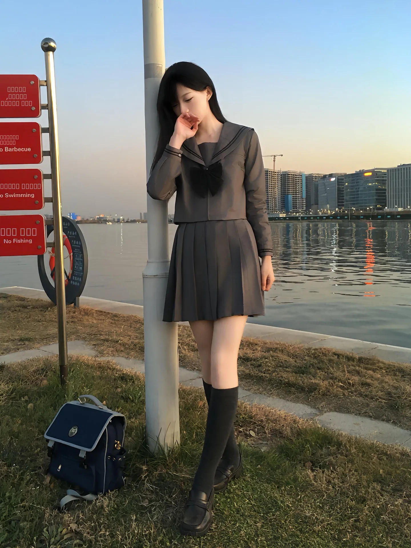 オリジナル ey ツーピース セーラー服セット ロングスリーブ ネイビー襟 レディース スカート orm 日本製 sle 学生 スクール orm