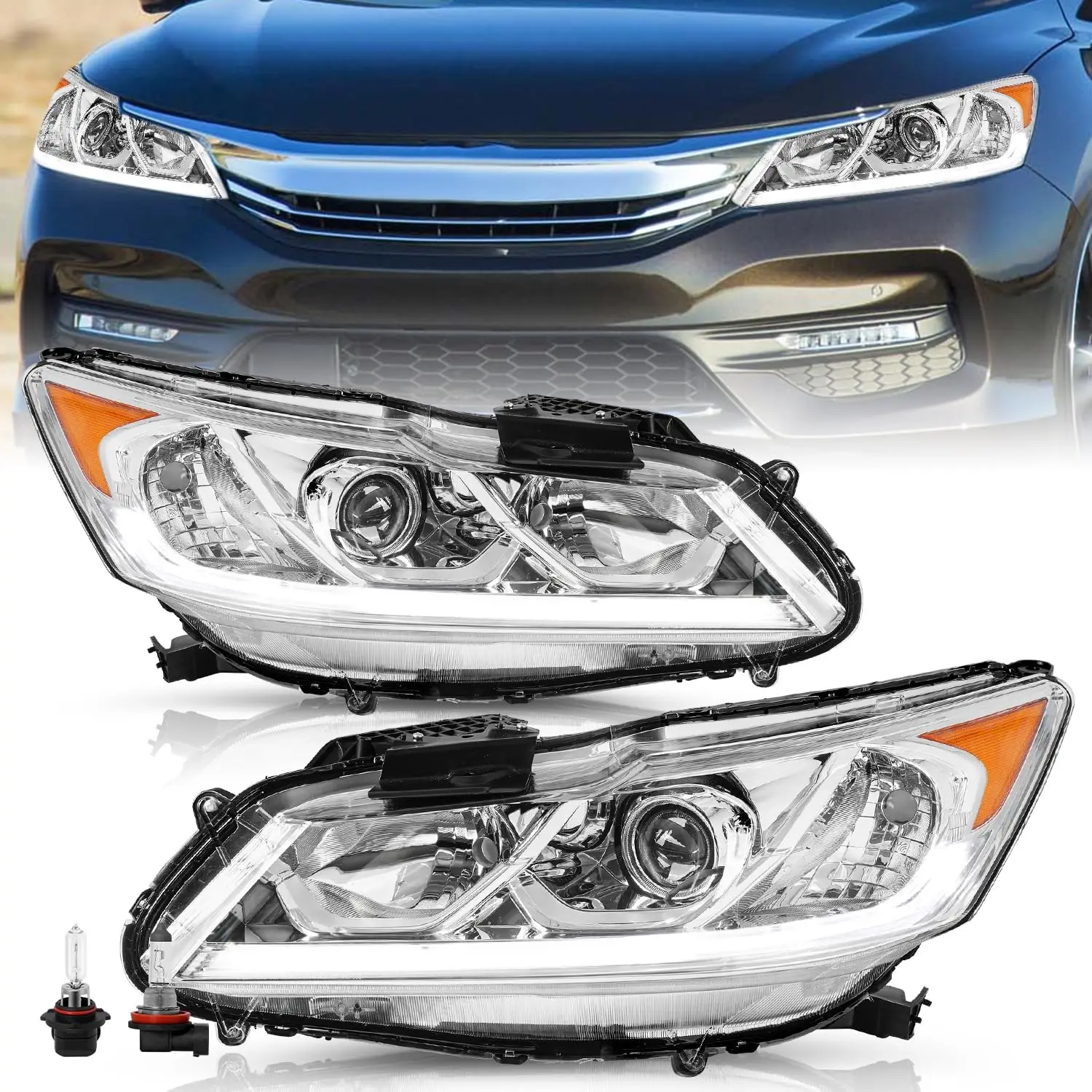 

Headlight Assembly Pair Fit 2016-2017 Honda Accord Projector Headlamp w/LED DRL Bulbs Included Chrome Housing with Amber Reflect
