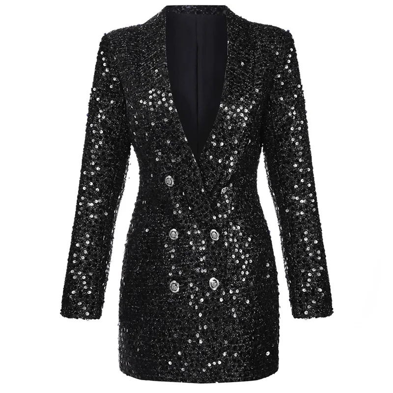 Blazer de diseñador para mujer, traje corto con lentejuelas brillantes, de graduación con doble botonadura minivestido, chaqueta negra larga de pasarela, Sexy, para fiesta, disponible