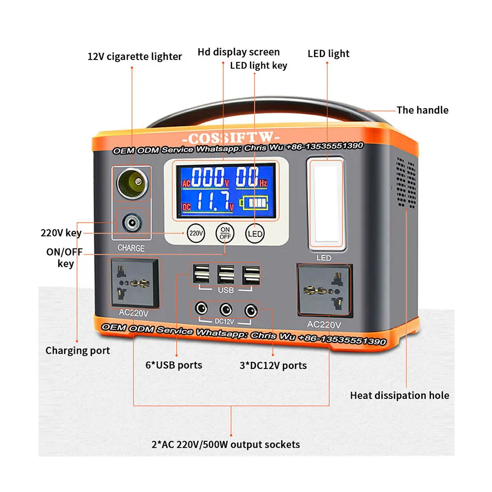 COSSIFTW Portable Power Station 500W 550Wh Solar Energy 6USB 5V/2.4A 2AC 1 Cigarette lighter 3DC Output 12V  Pure sine wave