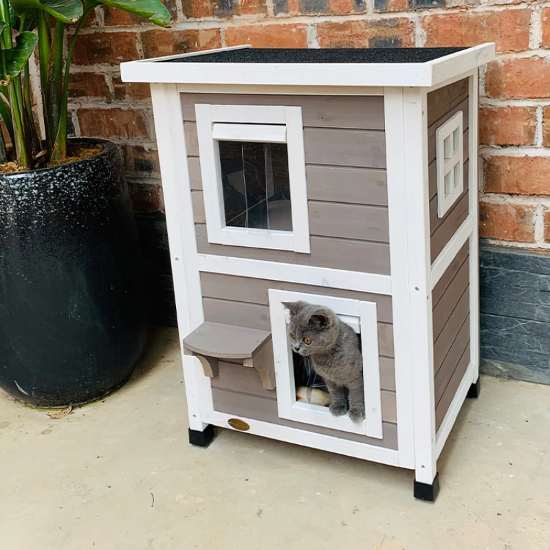 Cat House Outdoor Solid Wood Double-layer Luxury Villa Indoor Pet Nest Outdoor Rainproof Warm Stray Cat House