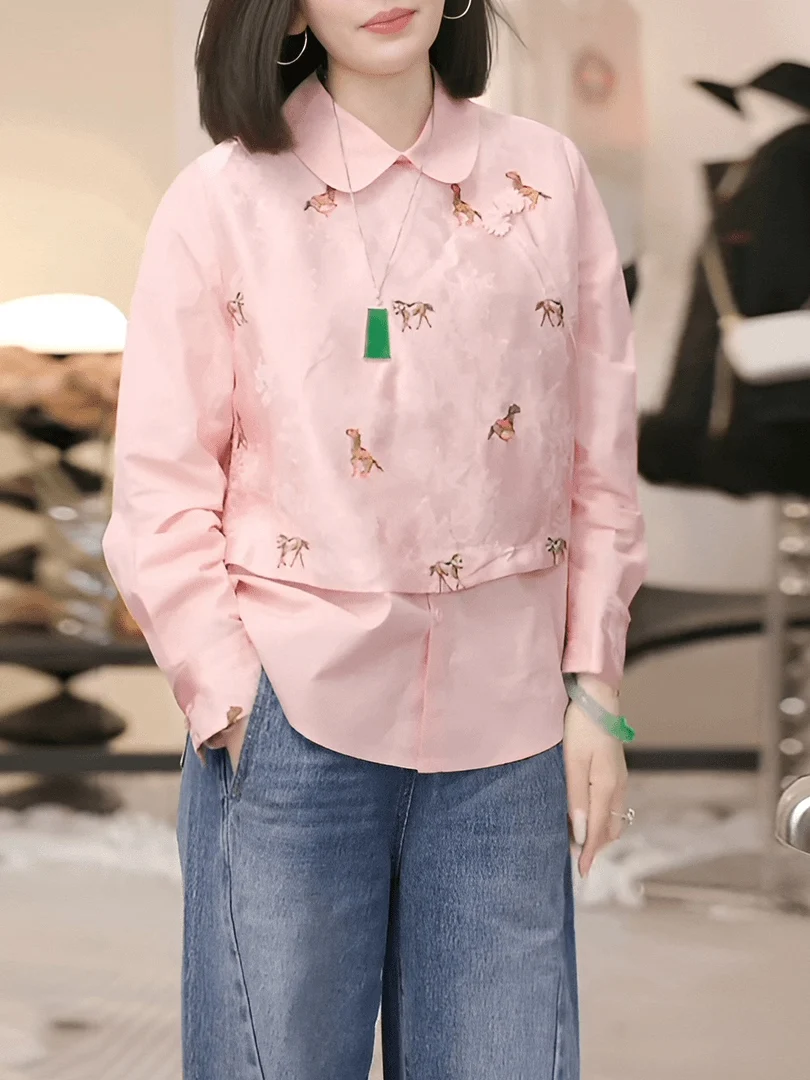 

Женская блузка Feng Xiaoma, весна 2026, новая, свободного кроя, с воротником-стойкой, длинный рукав, имитация двухслойного дизайна, винтажная, дышащая