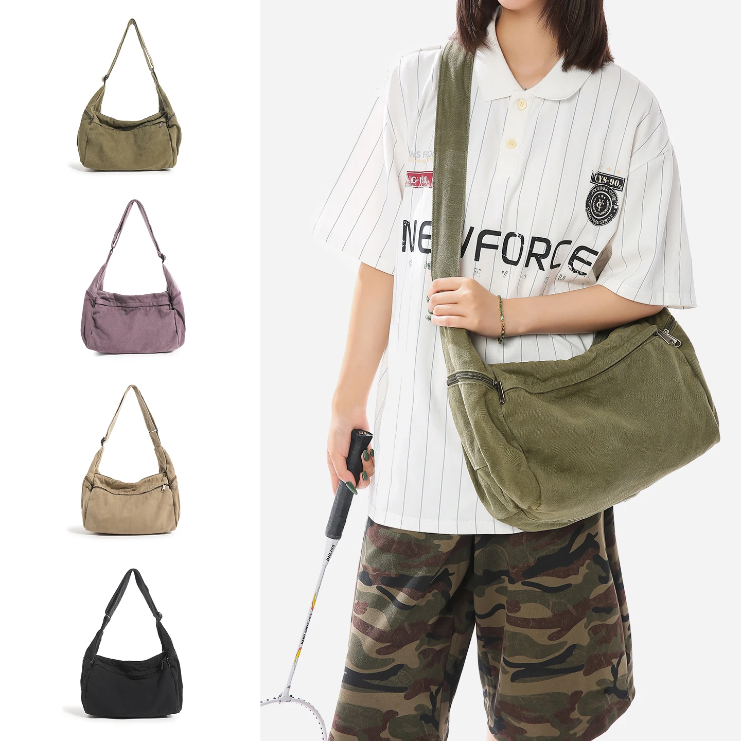 

2026 Vintage Washed Canvas Crossbody Bag Large Capacity Multi-Pocket Adjustable Strap Hobo Shoulder Bag Unisex for School Travel