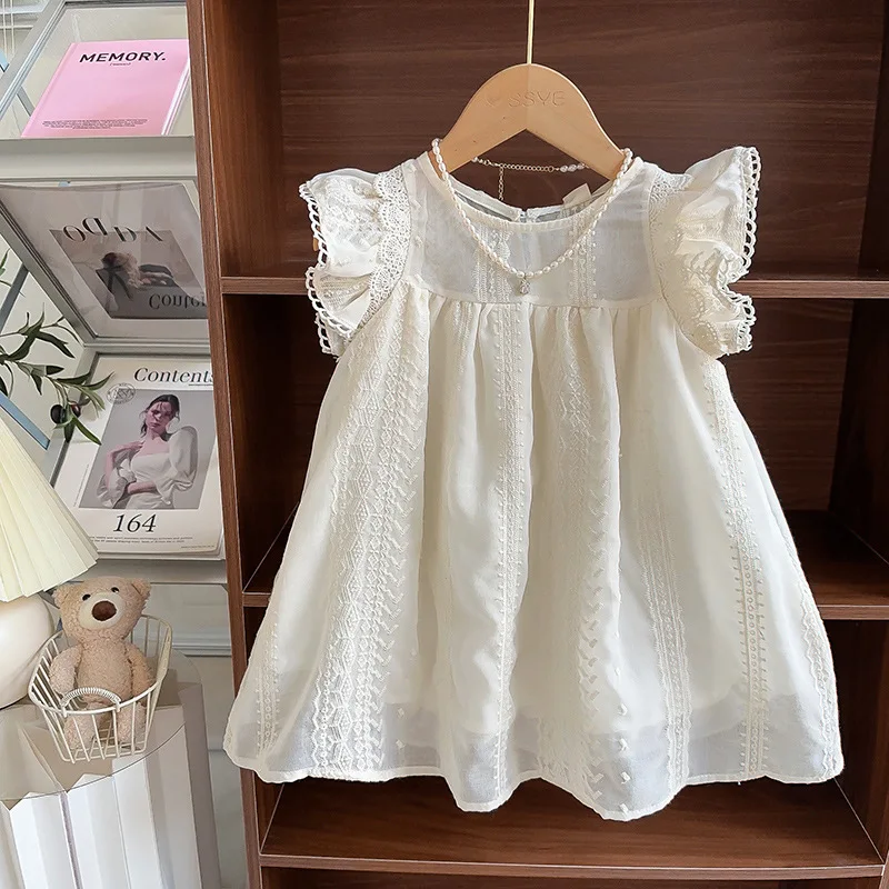 Girls Dress Summer Lace Flying Sleeve Embroidered Princess Dress Kids Dresses for Girls Korean Children Baby Girl Dress 2-7Yrs