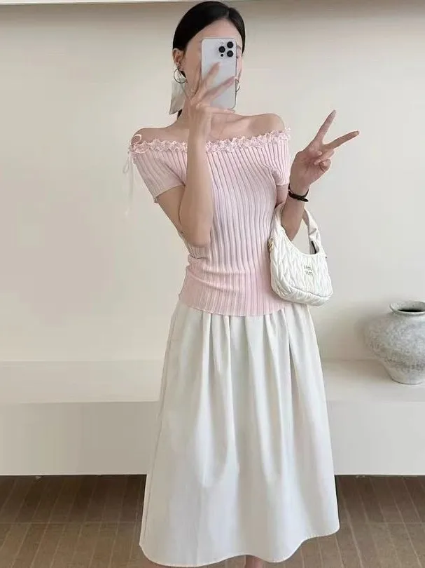 

Korean Style Pure Desire One Shoulder Short Sleeve Knitted Sweater Women's Slim Fit Summer New Design Trendy Top