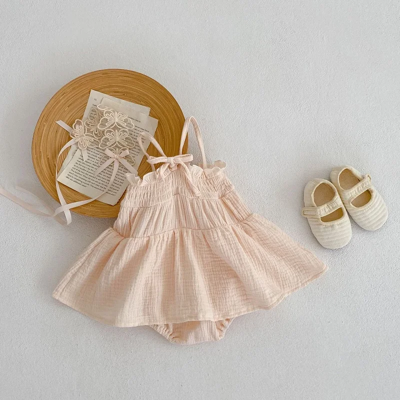 INS Summer Baby Girl Romper 0-2Years Newborn Princess Solid Color Sleeveless Strap Cotton Dress Bodysuit One-Pieces Clothes