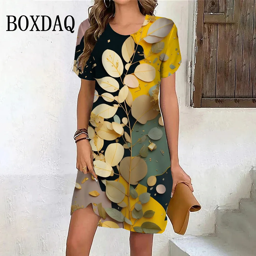 Fashion Oversized Clothing Tie Dye Leaves 3D Print Women Dress Summer Casual Ladies Short Sleeve O-Neck Loose Plus Size Dresses