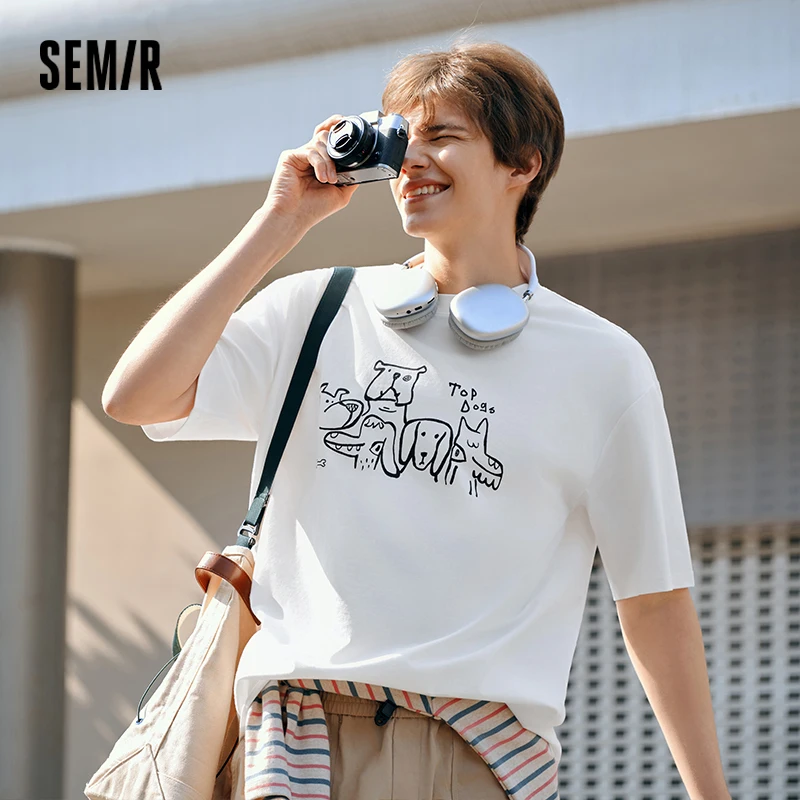 

Semir Men Dog Print T-Shirt 2025 Summer Ice Cool Line Art Graphic Loose Fit Tee for Couples and Pet Lovers