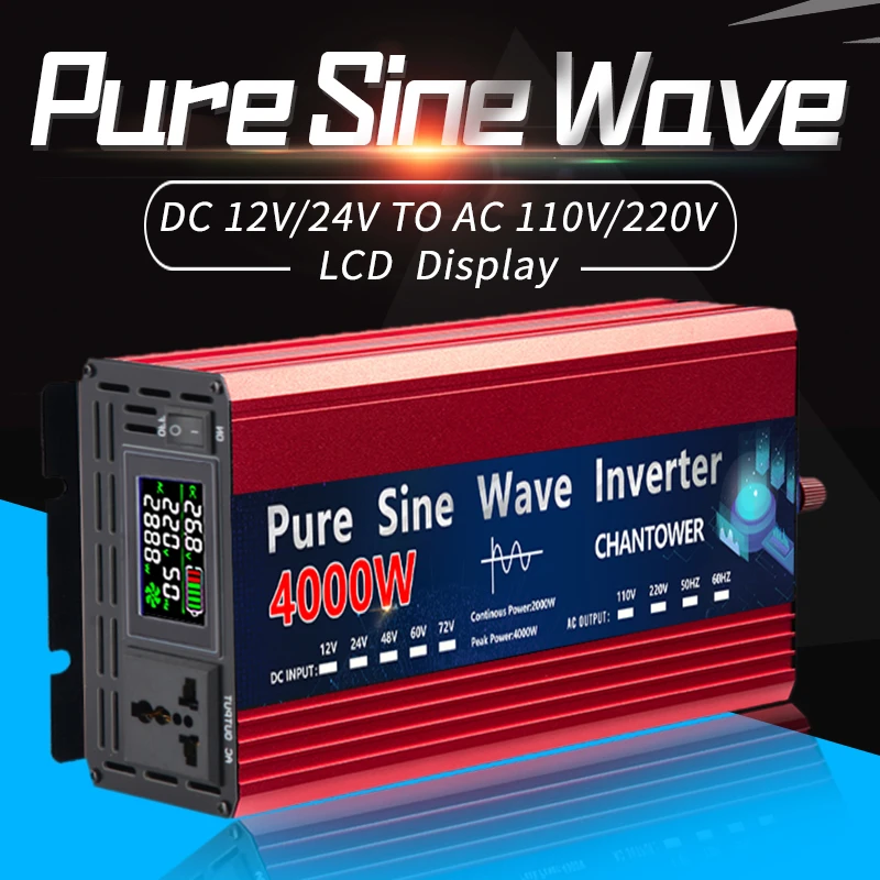 Inverter 12V 220V 2000W 3000W 4000W DC 12v/24v To AC 220v/110v Pure Sine Wave Power Supply Voltage Converter Car Solar Inverter