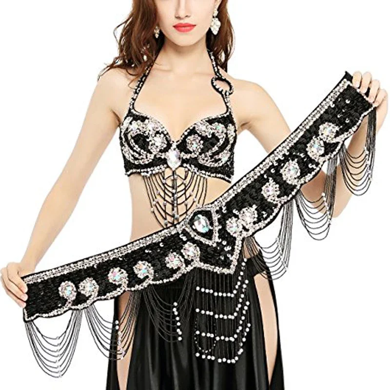 Women Belly Dance Costume Outfit Set Bra Top & Belt Bellydance Hip Scarf Bollywood S M L XL B C Cup Handmade 13 Colours