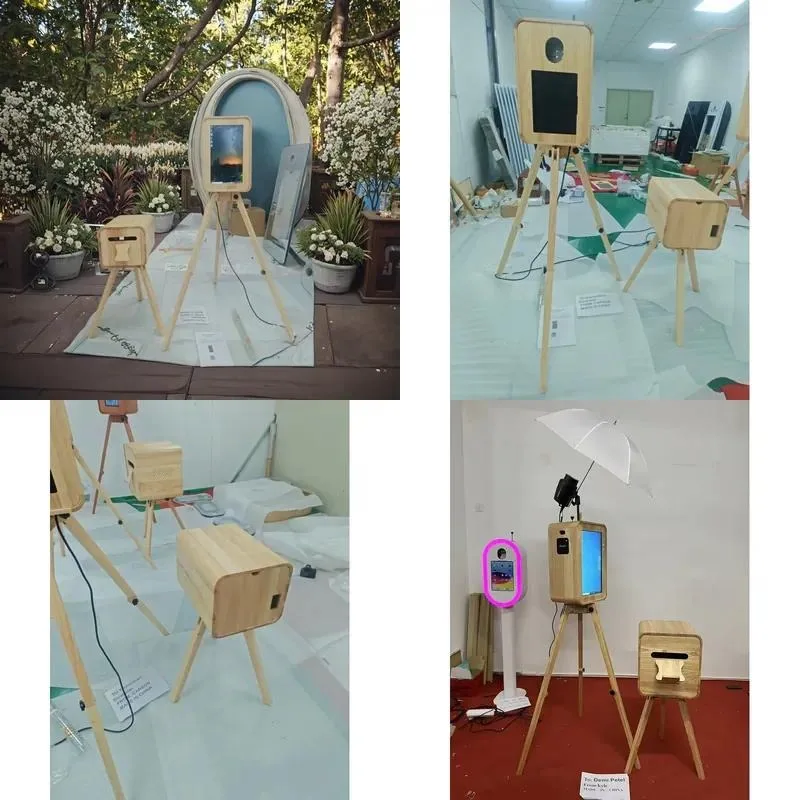 The retro double-sided wooden photo booth with 18.5-inch touchscreen is perfect for weddings, parties, and business events.