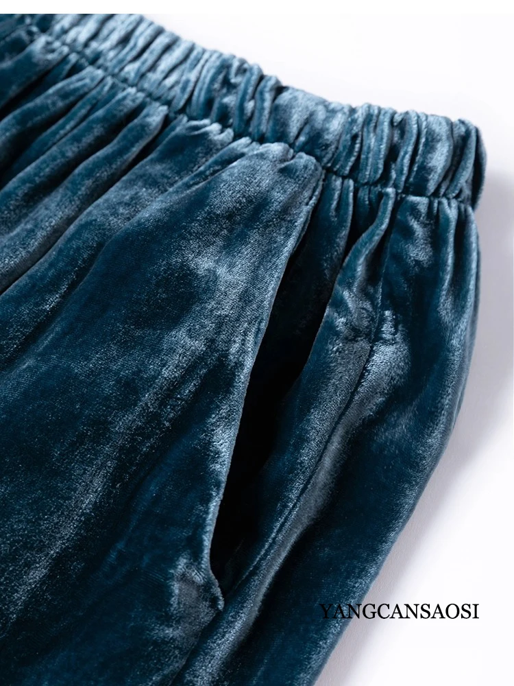 Women's Fashion Autumn New 30% Natural Mulberry Silk Velvet Double-layer Fungus Edge Two Side Pockets Straight Leg Pants