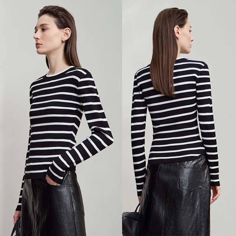 AMII Minimalism Women's Sweater 2026 Autumn New Office O-Neck Pullovers Knitt Sweaters Long Sleeves Women's Strip Tops 12523134