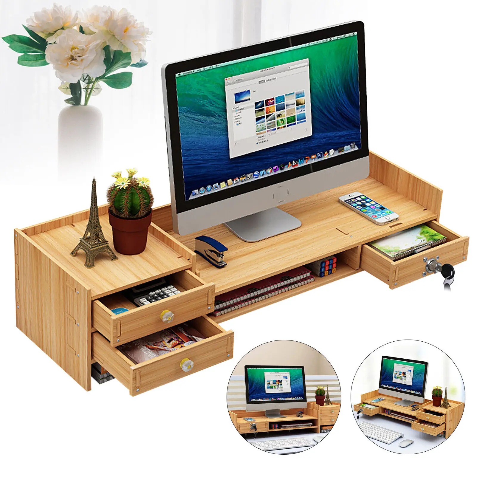 Wooden Computer Riser Desktop Drawer Rack Tabletop Storage Stand Computer Tray Laptop Desk Supplies Organizer with Lock