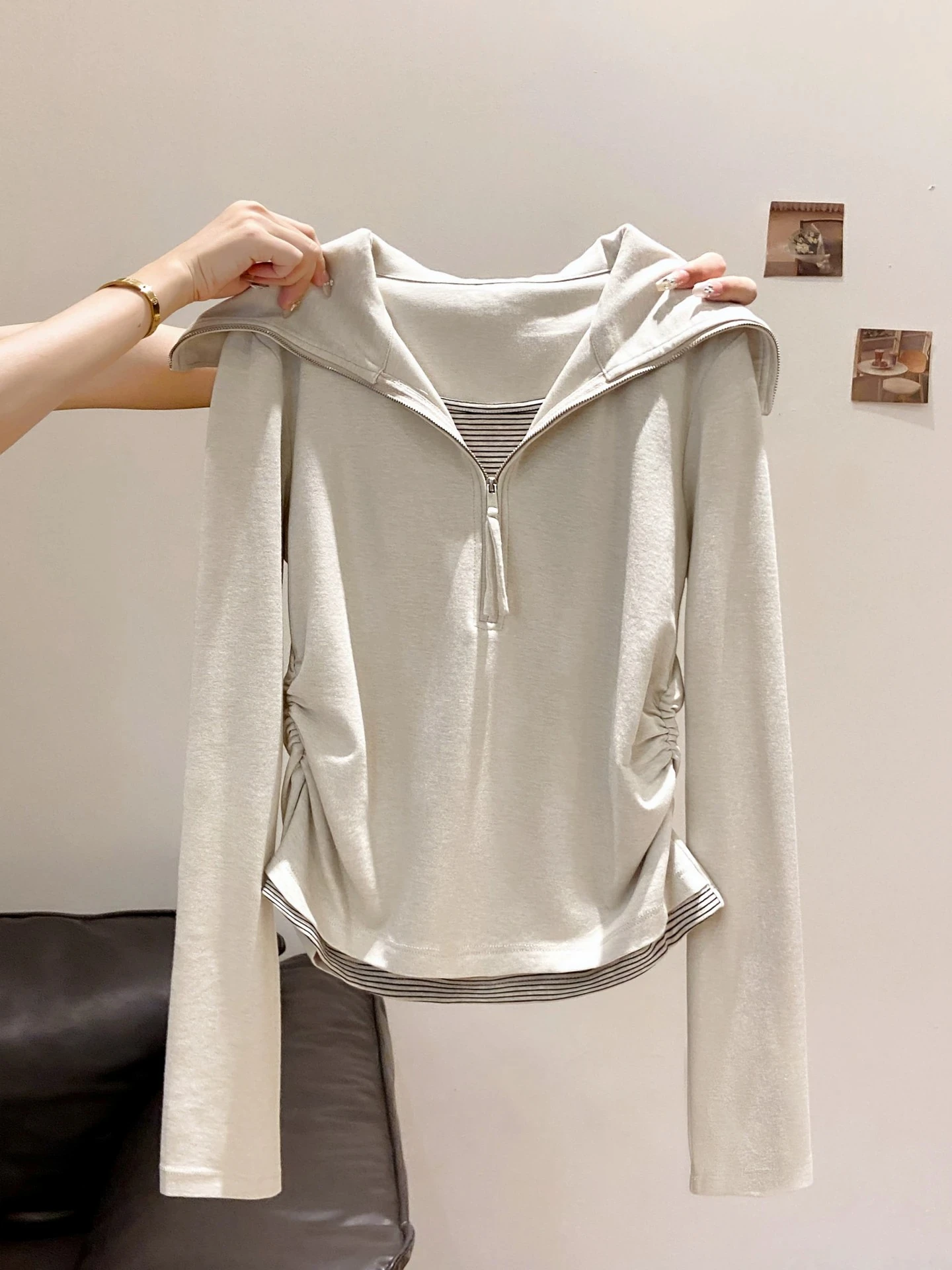 Slimming Effect Naval Collar Stripe Long Sleeve T-Shirt Women's Design Sense Waist Cinching Fake Two-Piece Top Korean Style C...