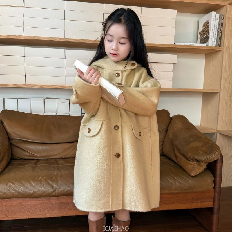 Teen Girl Clothes 2024 Children Wool Double Faced Girls Yellow Hooded Coat Korean Style Handmade Winter Outerwear Costume Winter