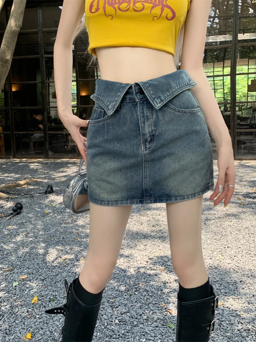 

American Retro High Waist Cuffed Denim Skirt Women's plus Size Fat MM Pants Skirt Sweet Spicy Girl Slimming Skirt Summer