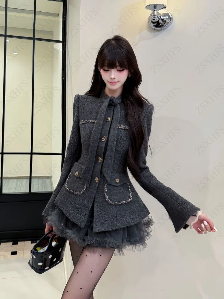 Fashionable Korea Outerwear Women Clothes 90s Retro Slim Suit Jacket Winter Harajuku Coats Sexy Femme Woolen fabric Jackets Tops