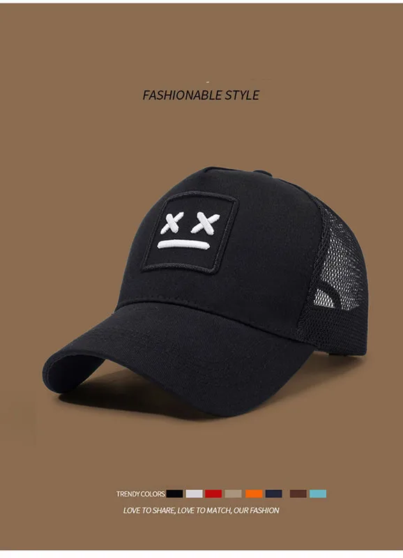 Herren-Baseballkappe mit gesticktem lächelndem Gesicht, modische Trucker-Mütze, verstellbare Outdoor-Sonnenschutz-Freizeitmütze – Detail 5