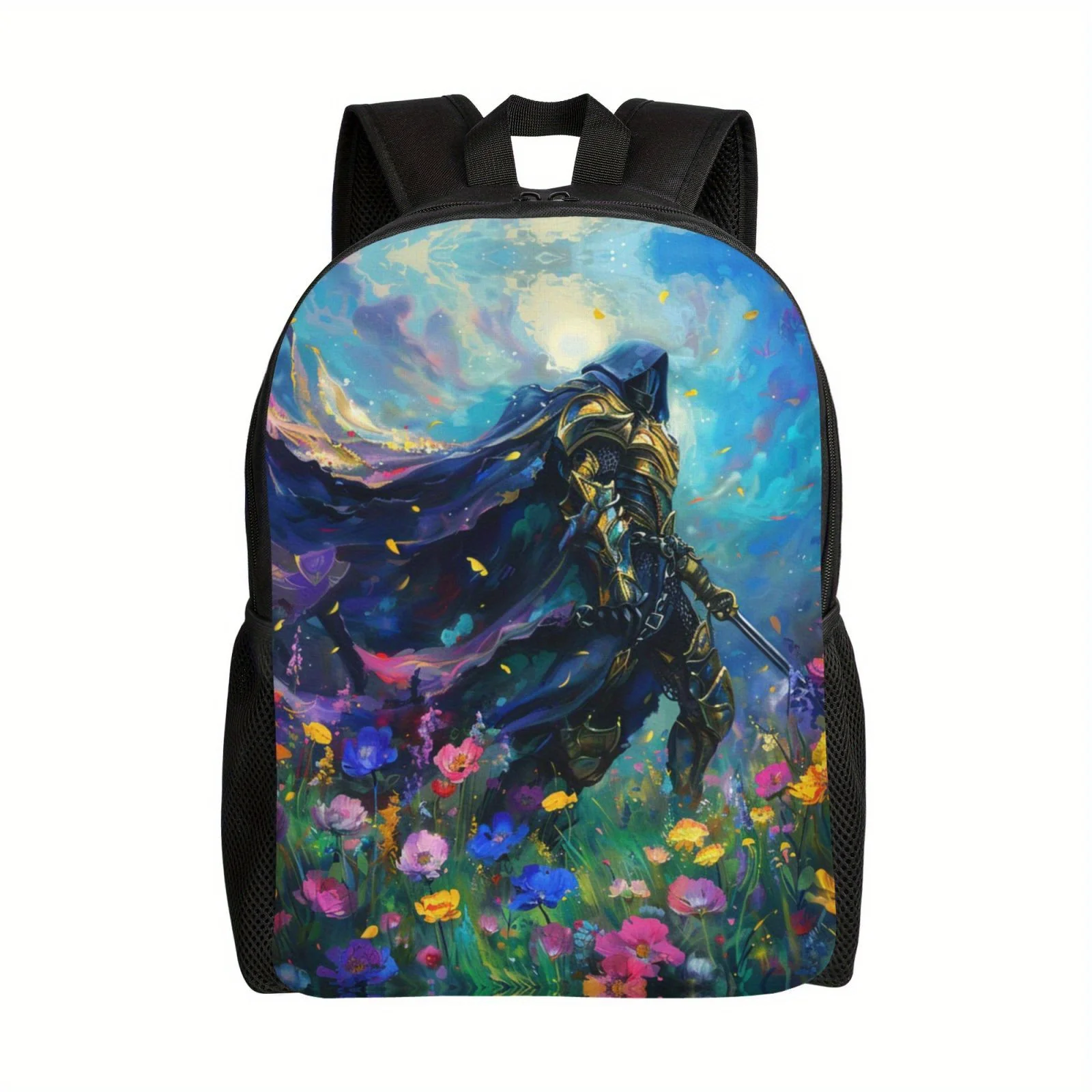 Warrior with Flowers Print black backpacks for men and women, high school and college backpacks, sports bags