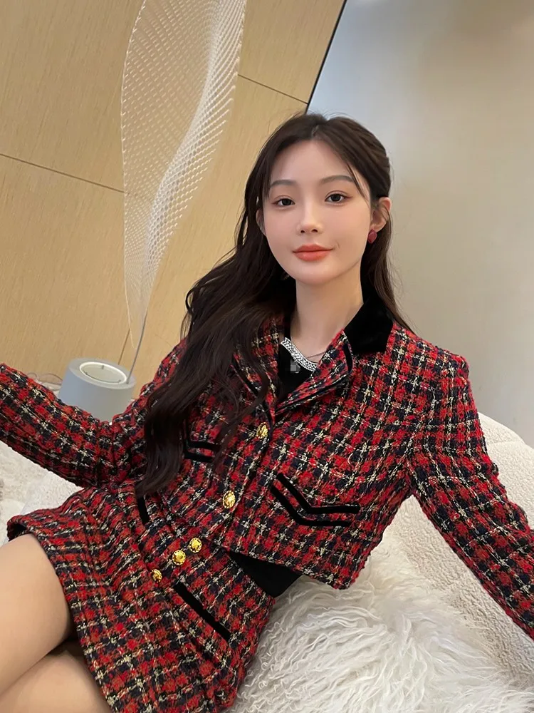 Sweet Women Spring Red Plaid Tweed Jacket Mini Skirt Two Piece Set Single Breasted Elegant Ladies Slim Fit Outfits Matching Sets