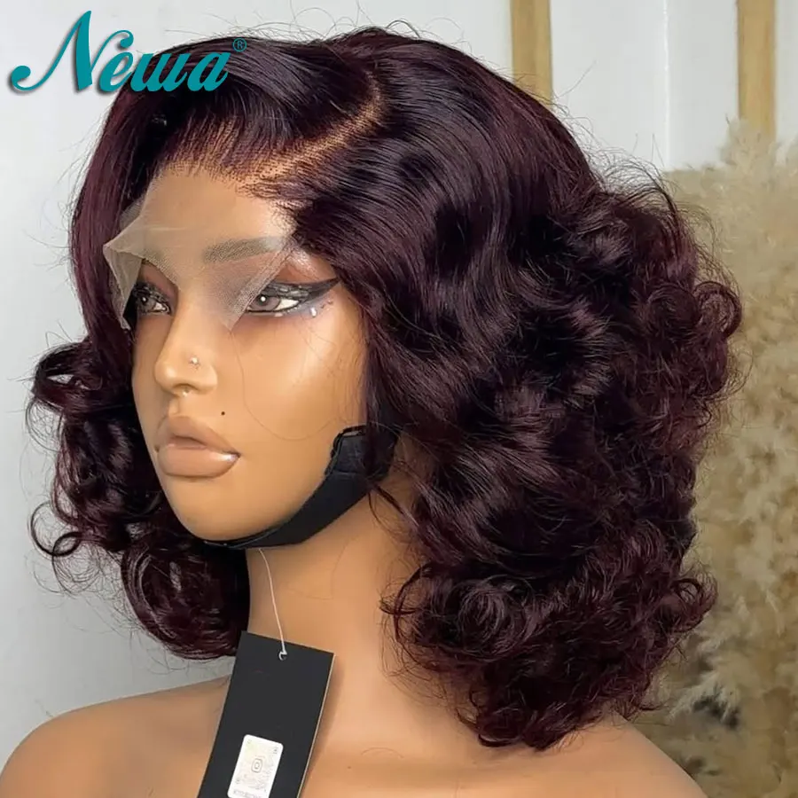 

Newa Hair 13x6 Lace Front Wig Burgundy Color Short Bob Wig Wavy Human Hair Brazilian Wigs Glueless Wig Pre Plucked 13X6 Lace Wig