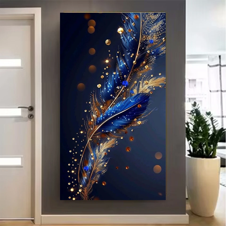 

Feather 5D DIY Diamond Painting Gold Blue Feather and Flower Diamond Painting Cross Embroidery Kit Flower Home Decoration