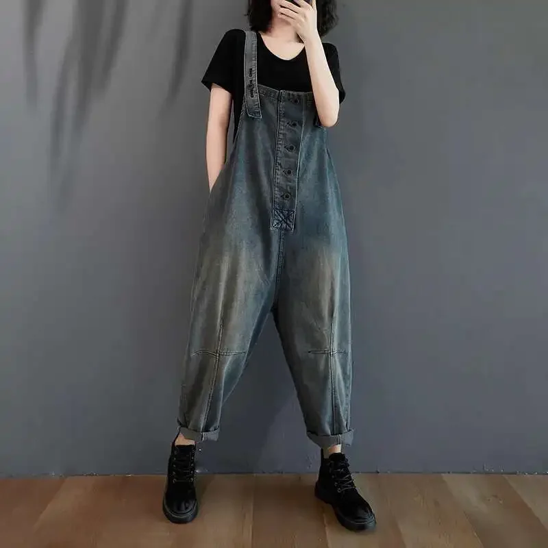 

#1414 Adjustable Spaghetti Strap Denim Jumpsuit Women Loose Vintage Jeans Jumpsuit Ankle-length Single Breasted Overalls Women