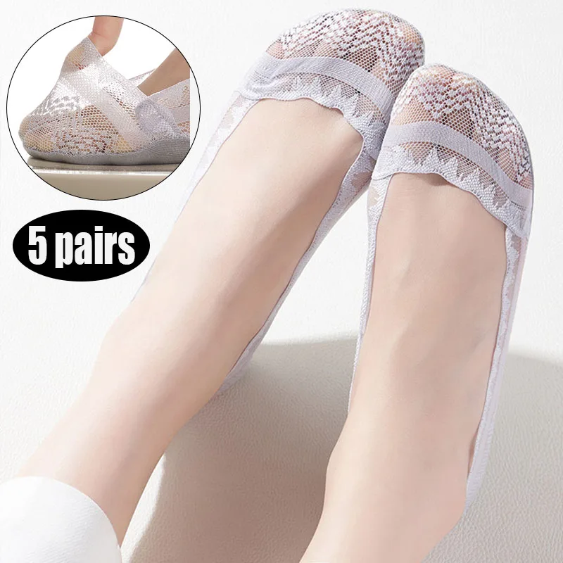 5pairs Women's Lace Boat Socks Soft Comfortable Ultra-Thin High Quality Low-Cut Sock Solid Color Breathable Sweat-Absorbing