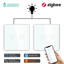 BSEED Zigbee 2Gang 2way Touch Switches Smart Wall Switches Tuya Smart Life Alexa app control Glass Panel No Neutral  2Pack