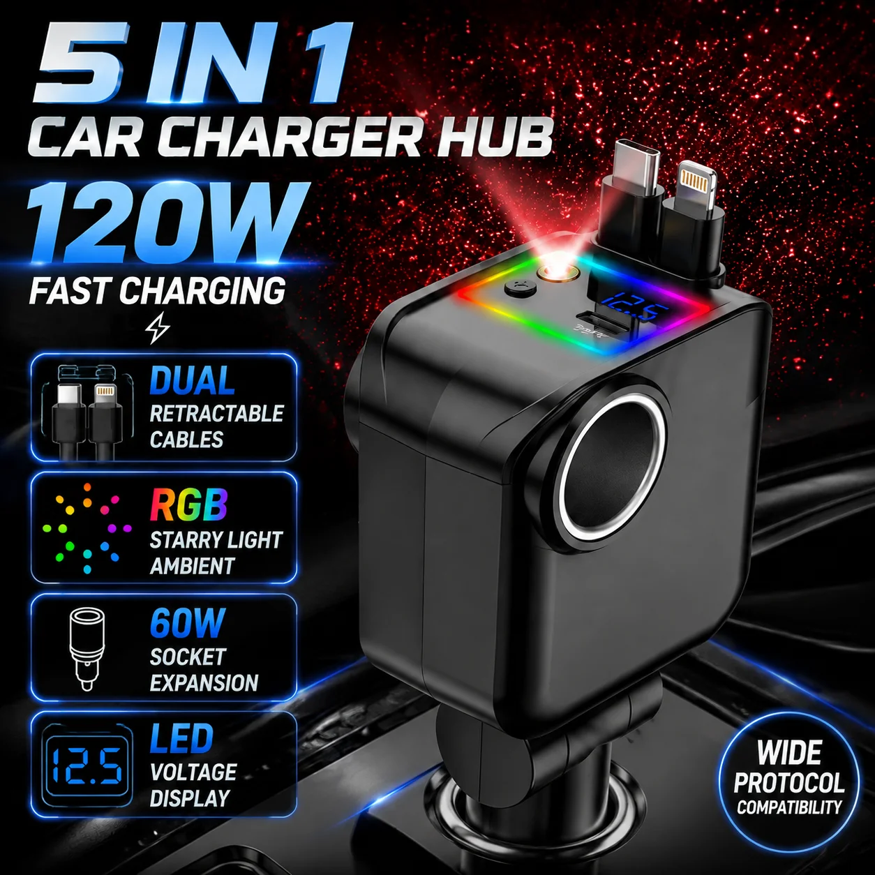5 in 1 Car Charger Hub 120W Fast Charging Dual Retractable USB C Lightning Cable RGB Starry Light Socket Expansion LED Display