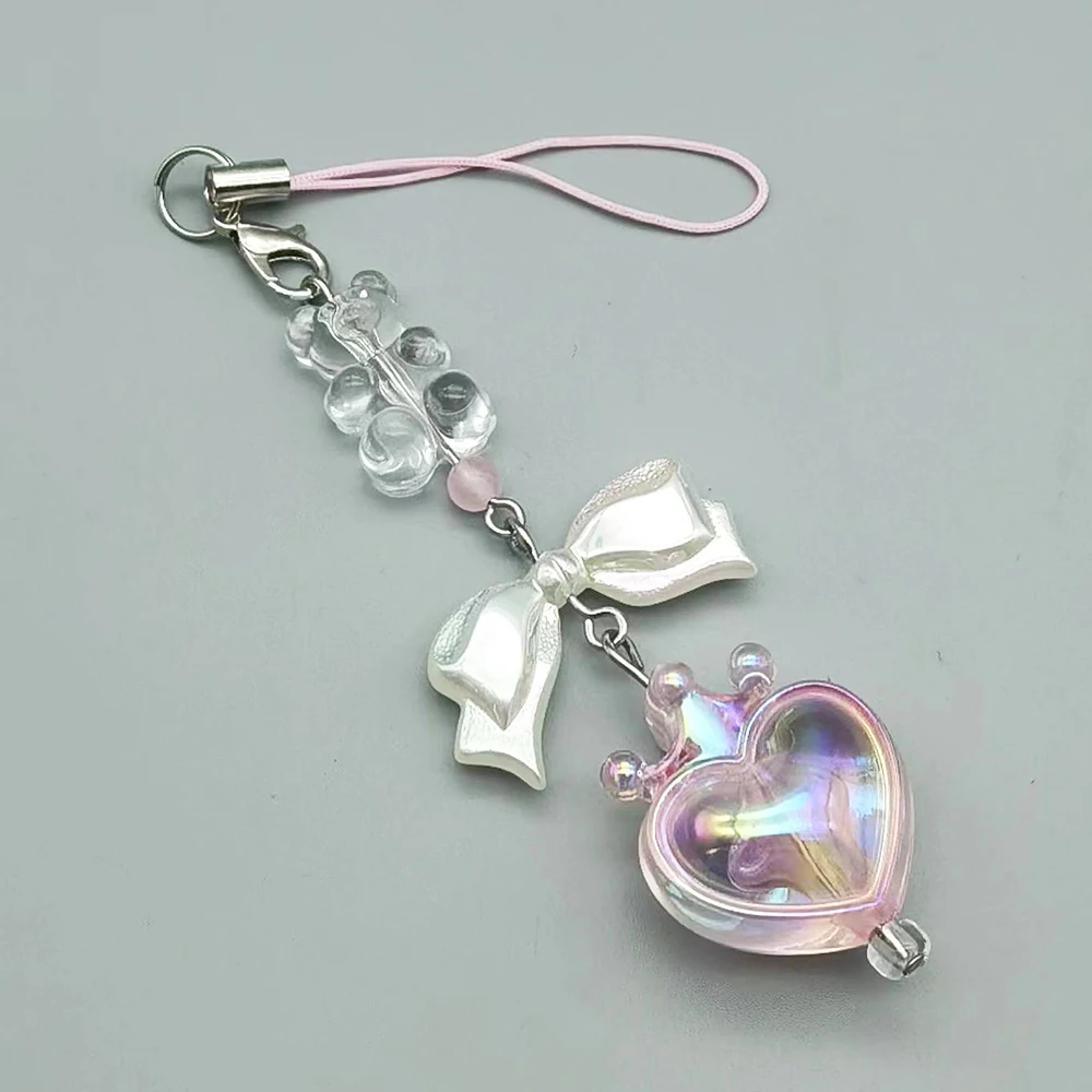 Original Y2K Phone Lanyard Charm Strap Clear Bear White Bowtie Colorful Crown Heart Bag Pendant Keychain Hanging Rope Keycord