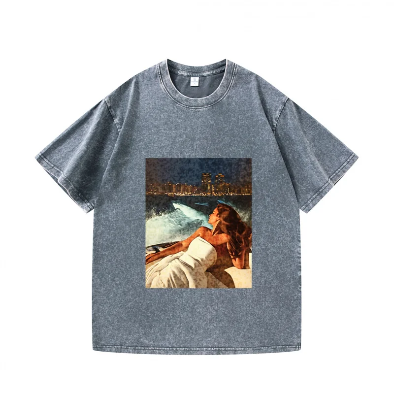 تي شيرت رجالي رمادي Cityscape Couple Print كاجوال للارتداء اليومي، قمة الموضة للأنشطة الصيفية الخارجية