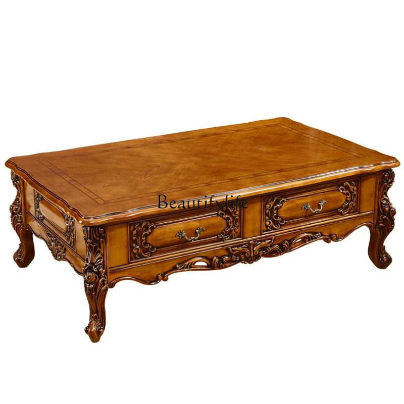 

European-style Solid Wood Carved American-style Marble Living Room Neoclassical Tea Table