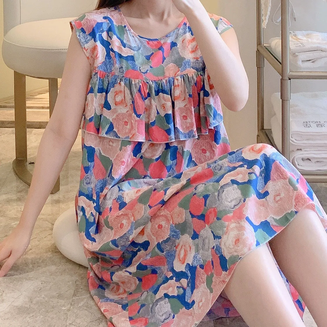 

Summer Floral Print Sleep Dress Women's Cool Feeling Home Clothes Sleeveless Cotton Silk plus Size Artificial Cotton Loose Co...