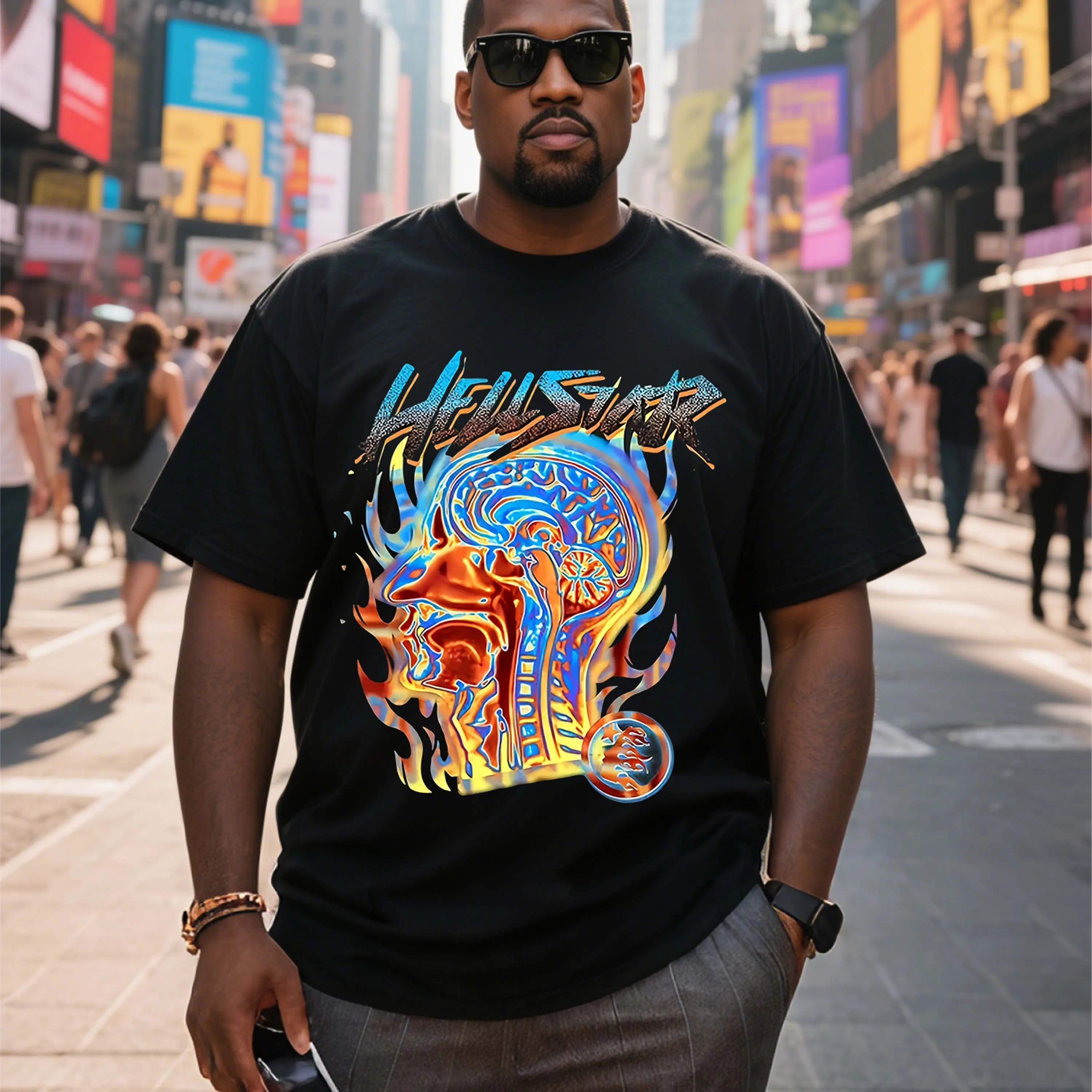 Plus Size Black Men's Short Sleeve T-Shirt with Flame Brain Pattern Suitable for Outdoor Leisure Wear in Summer