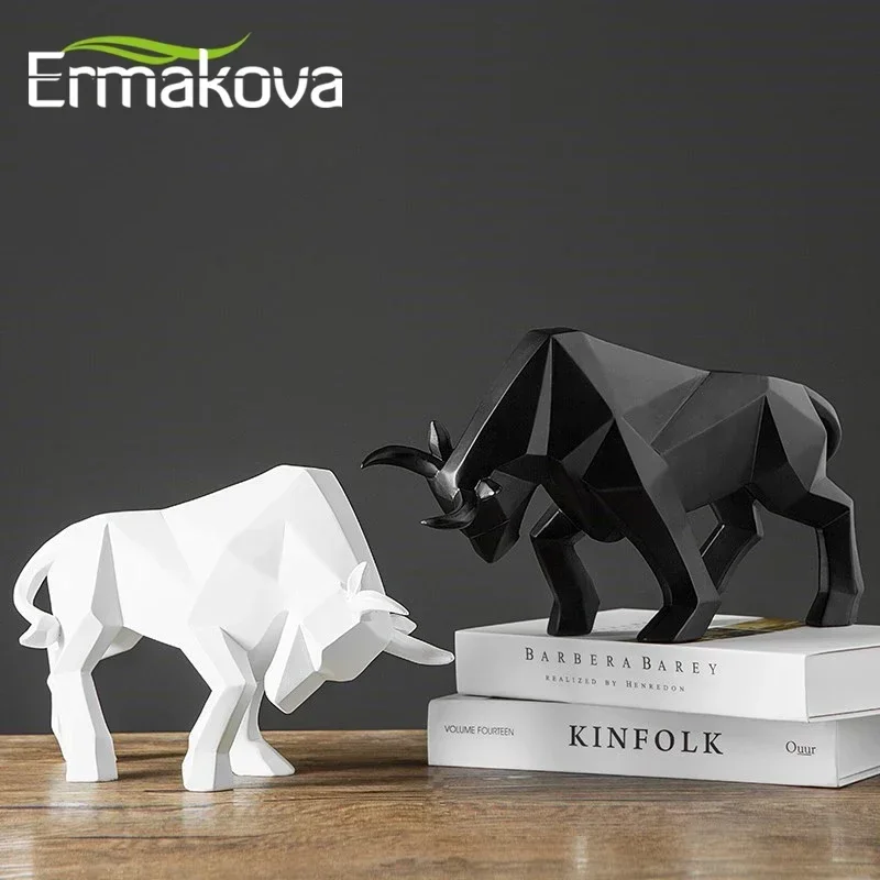 ERMAKOVA Geometric Resin Bull Statue Bison Sculpture Decoration Abstract Animal Figurine Room Desk Home Decoration Gift