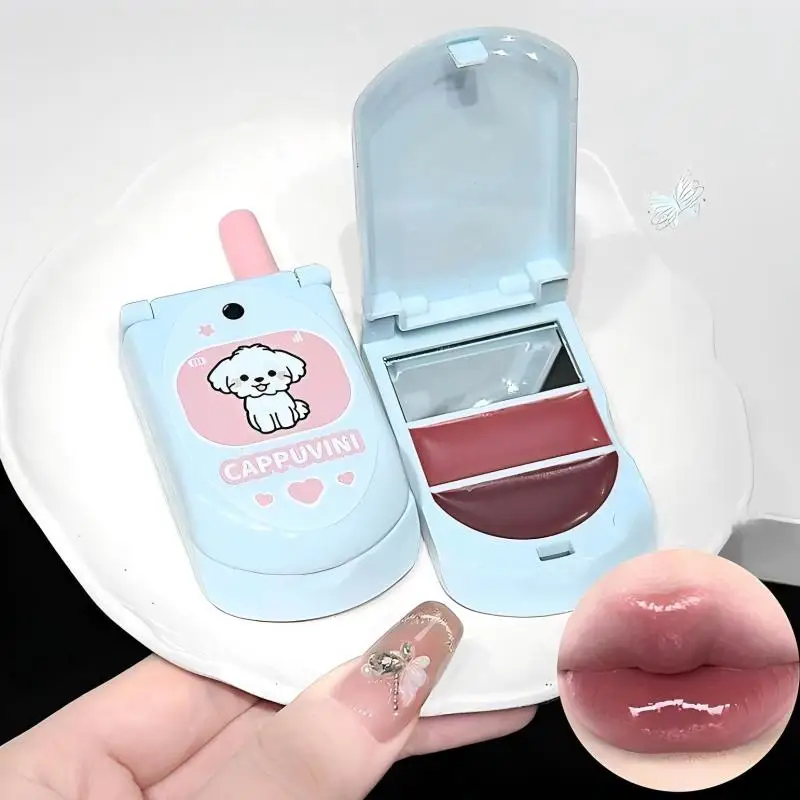 保湿デュアルカラーソリッドリップグロス 内蔵ミラー付きリップブラシ付き フリップフォンデザイン 長持ちするメイクアップリップスティック