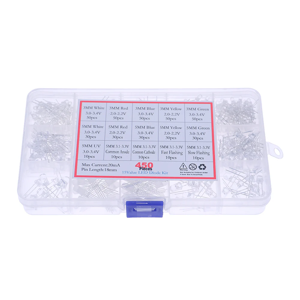 450Pcs White Green Red Blue Yellow UV LED Ultraviolet Light-emitting Diode Slow/Fast Flash RGB Light Assorted Box kit