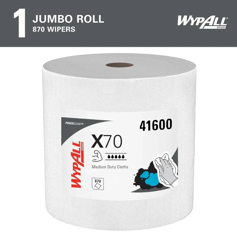 PowerClean™ X70 Medium Duty Cloths, Jumbo Roll (41600), Long Lasting Towels, White (870 Sheets/Roll, 1 Roll/, 870 Sheets/Cas