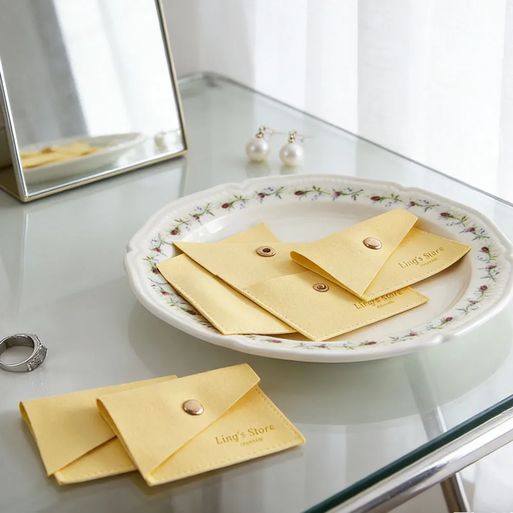 

100Pcs Chic Custom Logo Yellow Jewelry Packaging Purse Microfiber Gold Snap Flap Button Bag Earrings Rings Brooch Coin Packaging