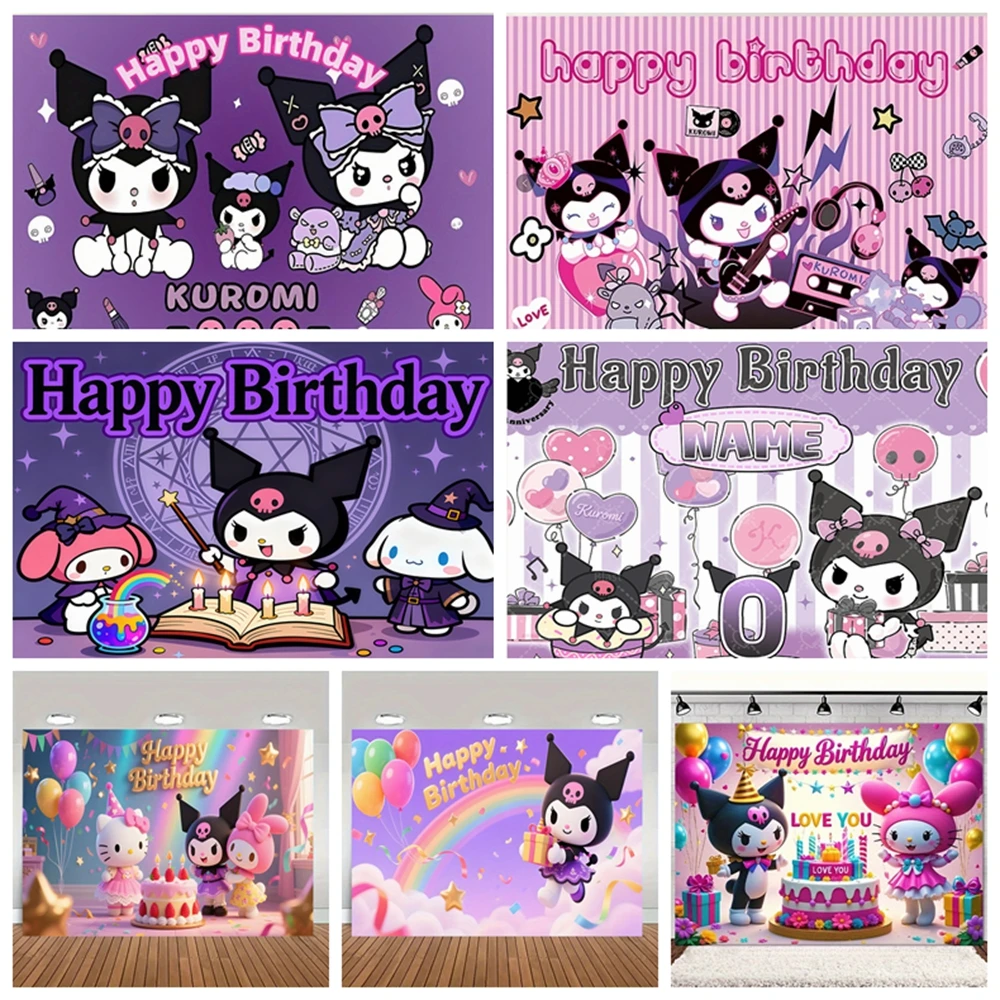 

Customized Cute Purple Pink Kuromi Photography Background Banner Girls Birthday Party Baby Shower Photo Booth Decoration Props