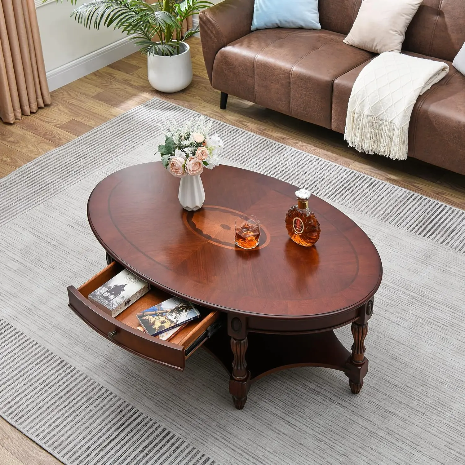 Solid Wood Oval Coffee Table with Drawer and Storage Shelf, Traditional Vintage Center Table Polished Edging Cocktail Tea Table