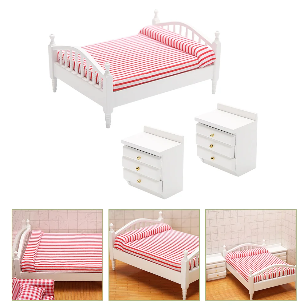 

Kid Toys House Furniture Simulation Double Bed Decor Children’s Decorative Mini Tabletop Pink Wooden