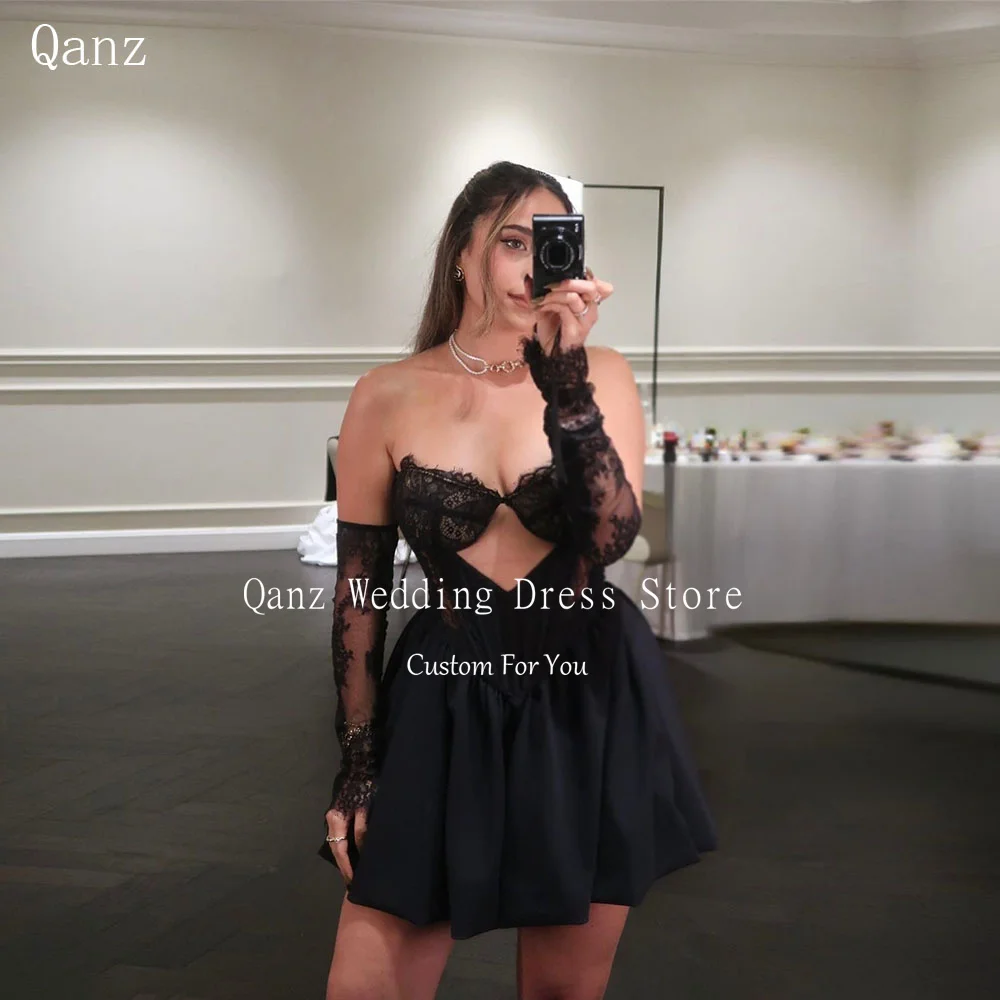 Qanz فساتين حفلة موسيقية صغيرة مثيرة بدون حمالات سوداء لحفلات أعياد الميلاد من الدانتيل قصيرة على شكل حرف A من فيستدوس دي فييستا أنيقة مخصصة