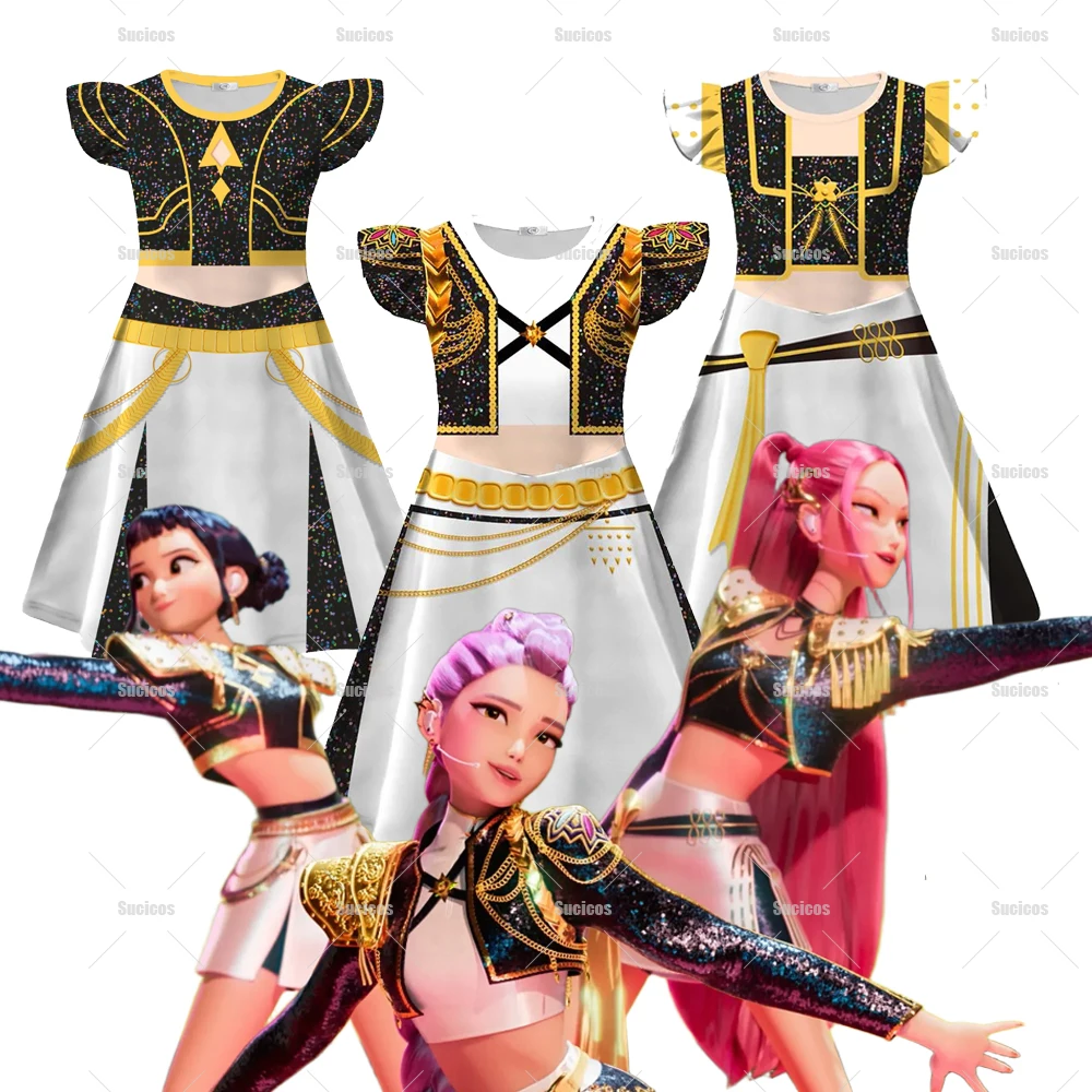 

Kids KPop Demon Hunters Zoey Cosplay Dresses Girls Halloween Rumi Mira Costume Dress Polyester Fashion Children Party Dress Wig