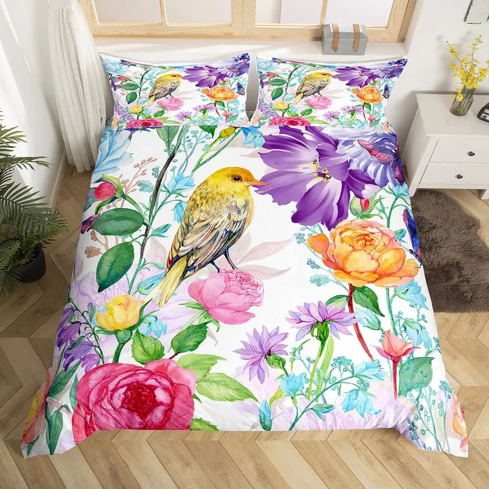 Floral Hummingbird King Queen Double Duvet Cover Blooming Flowers Bedding Set Birds Floral Comforter Cover Polyester Quilt Cover