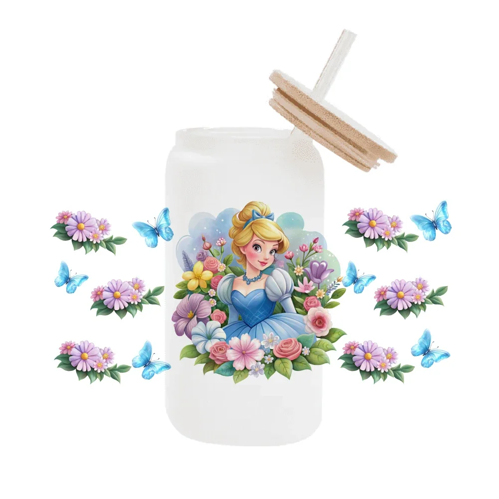 

Disney princess Cinderella Pink cartoon For Libbey 16oz Can Glass 3D Waterproof UV DTF Coffee Can Wrap Libbey Glass Wrap