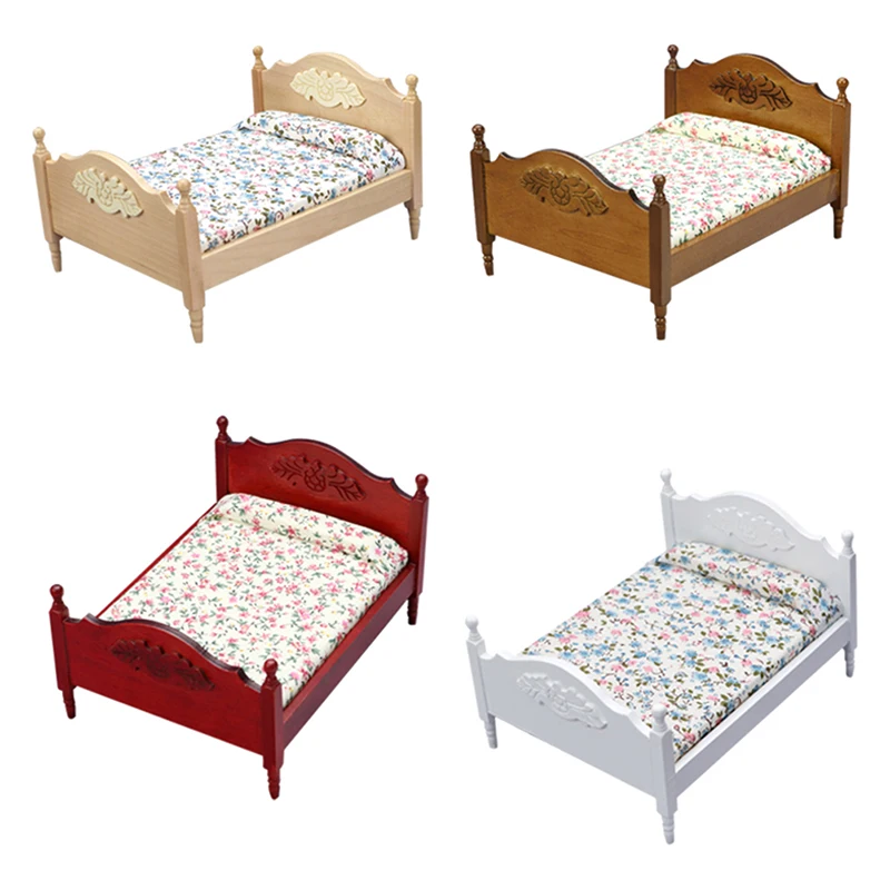 1:12 Dollhouse Miniature European Double Bed Model Furniture Accessory For Doll House Bedroom Decor Kids Pretend Play Toys Gift